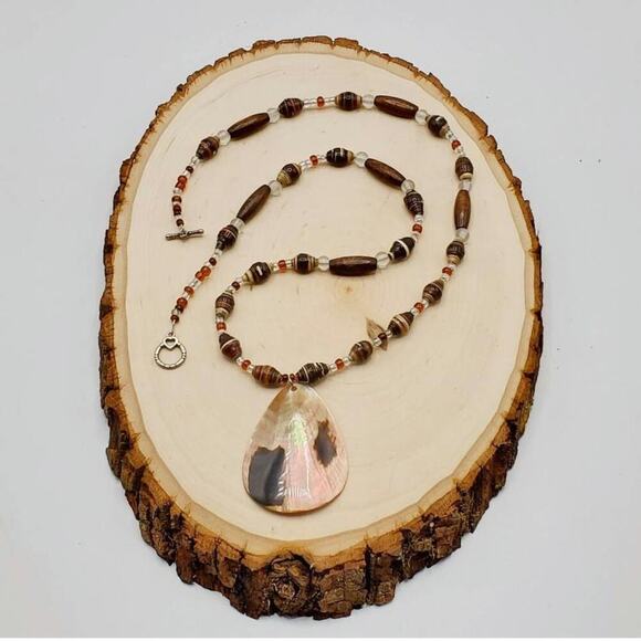 Bohemian Natural Shell and Wood Statement Necklace - Picture 4 of 6